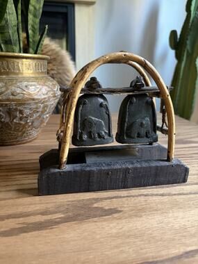 Vintage Karen Hill Tribe Double Elephant Bell Bent Wood Stand And Hide Thailand